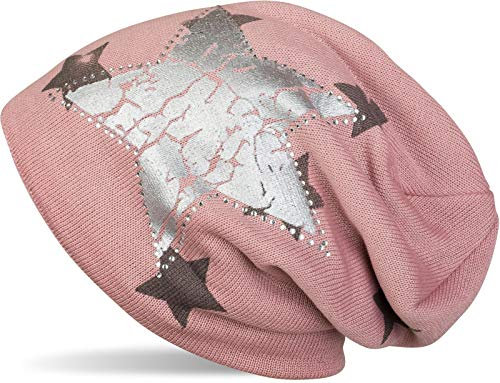 styleBREAKER Cuffia Beanie con Motivo a Stella all Over, Stampa Vintage a Stella, Orlo di Strass e Morbidissimo Rivestimento Interno in Pile, Unisex 04024097, Colore:Rosa Antico