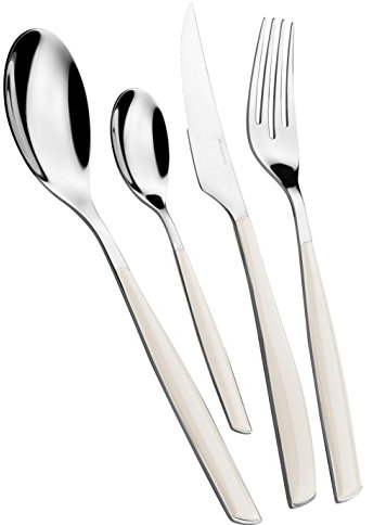 Cubertería BUGATTI, Glamour, 24 piezas en acero inoxidable 18/10 y mango color MARFIL. Juego de cubiertos para 6 personas compuesto por 6 cucharas, 6 tenedores, 6 cuchillos y 6 cucharas de café