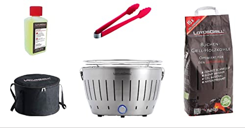 LotusGrill Starter-Set Classic 1x Grill Edelstahl mit USB-Anschluß, 1x Buchenholzkohle 2,5 kg, 1x Brennpaste 200ml, 1x Würstchenzange (Farbe nach Vorrat), 1x Transport-Tragetasche