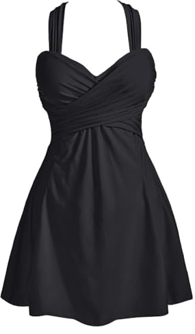 Women's Elegant Crossover One Piece Swimdress Floral Skirted Swimsuit Black