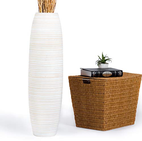 Leewadee Große Deko Bodenvase Für Dekozweige, Hohe Standvase Für Pampasgras, Design Holzvase, 90 cm, White Wash