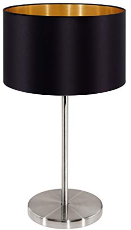EGLO Tischlampe Maserlo, 1 flammige Textil Tischleuchte, Nachttischlampe aus Stahl und Stoff, Farbe: Nickel matt, schwarz, gold, Fassung: E27, inkl. Schalter