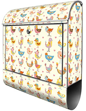 banjado® Design Briefkasten mit Lustige Vögel 38,5x46,5x13cm & 2 Schlüssel - Briefkasten Stahl Silber mit Zeitungsfach pulverbeschichtet - Postkasten A4 Einwurf inkl. Montagematerial