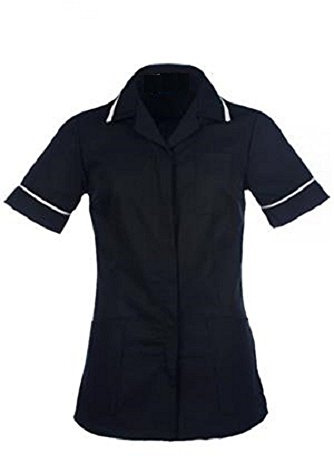 Instex Womens Nurses Healthcare Tunic, Dental Vet Salon, Black with White Trim, Pointed Collar INS32BL