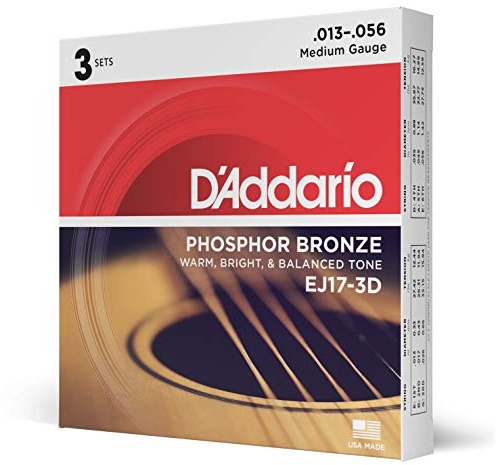 D'Addario Guitar Strings - Phosphor Bronze Acoustic Guitar Strings - EJ17-3D - Rich, Full Tonal Spectrum - For 6 String Guitars - 13-56 Medium, 3-Pack