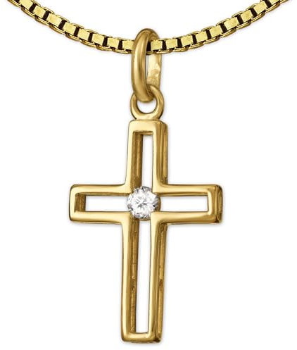 CLEVER SCHMUCK Kreuzkette Anhänger kleines Kreuz 16 x 11 mm innen offen Zirkoniastein 333 Gold 8 Karat mit vergoldeter Kette Venezia 42 cm im Schmucketui