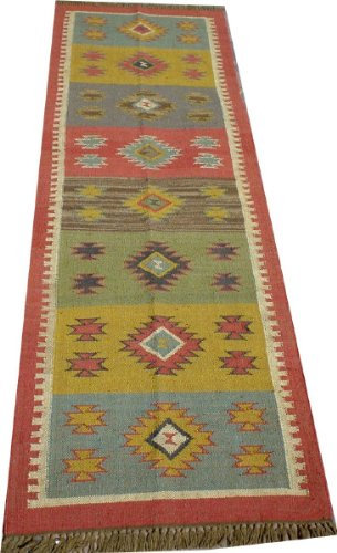GURU SHOP Orientalischer Grob Gewebter Kelim Teppiche 250x80 cm - Muster 1, Rot, Leinen, Teppiche, Bodenmatten