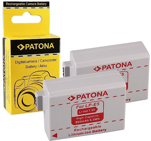 PATONA 2X LP-E5 Akku 850mAh Ersatzakku kompatibel mit Canon EOS 1000D 500D 450D 1000 500 450 D Kiss X3 X2 F Rebel XS XSi T1i Battery Pack LPE5 LP E5 LPE-5