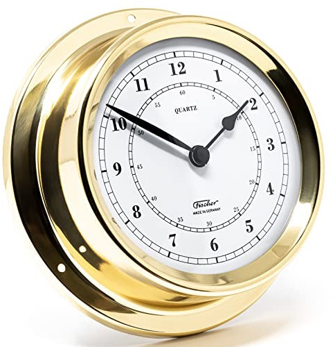 Fischer 1508U-45 - maritime Quarz-Uhr - 125mm Messgerät mit weißem Ziffernblatt und Messing-Gehäuse Made in Germany