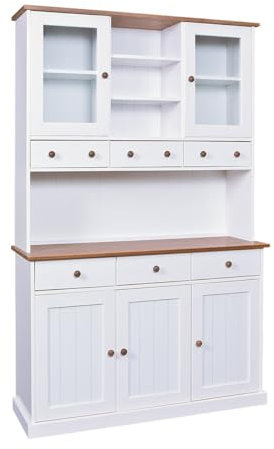 AltoBuy SOCOA - Buffet Vaisselier 5 Portes 6 Tiroirs Bois Massif Vernis Sepia et Blanc