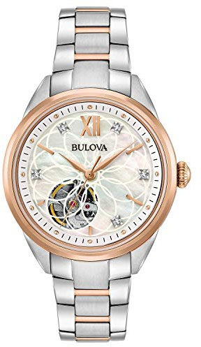 Bulova Ladies' Sutton Two-Tone Rose Gold 3-Hand Automatic, Open Aperture and White Mother-of-Pearl Dial with Diamonds Style: 98P170