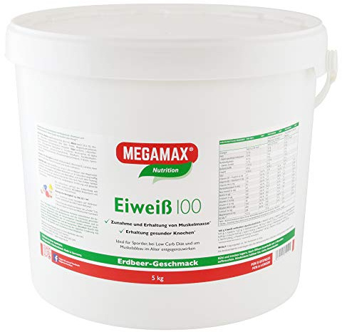 Megamax Eiweiss Erdbeere 5 kg | Molkenprotein + Milcheiweiß Für Muskelaufbau ,Diaet | 2k-Eiweiss ideal zum Backen | hochwertiges Low Carb Eiweiß-Shake | aspartamfrei Protein-pulver mit Aminosäuren