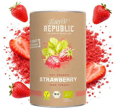 HARVEST REPUBLIC Bio-Erdbeerpulver aus gefriergetrockneten Früchten | Perfekt für Smoothie Bowls, Porridge und Frühstücksbowls | 100% Fruchtpulver ohne zugesetzten Zucker (125 g)