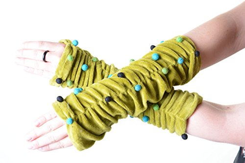 Kunst und Magie Samt Armstulpen Stulpen Handwärmer mit lustigen Filzkugeln in tollen Farben, Farbe:Lemongrün/Lemongreen