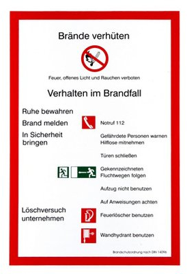 Betriebsaushang -  Brandschutzordung  - Aushang - Brandschutz nach DIN 14096 Folie selbstklebend