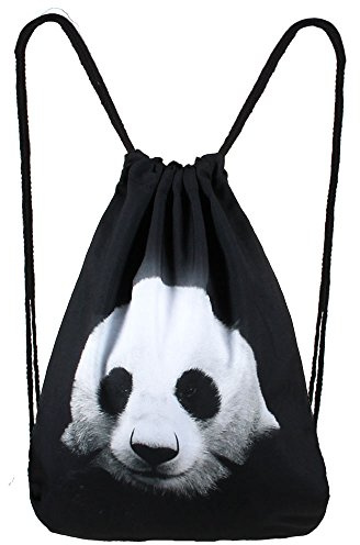 Hanessa Jutebeutel mit Black Panda-bär Tier Aufdruck Sportbeutel Tüte Rucksack Beutel Tasche Gym Bag Gymsack Hipster Fashion Sport-Tasche Einkaufs-Tasche schwarz
