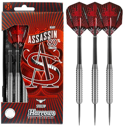 Harrows Assassin Tungsten Pro Darts | Steel Darts Set mit Tragekoffer | 18-40 g, alle Gewichte | Inklusive Alamo Shafts, 100-Micron Prime Flights und Reisekoffer (Heavy 32GR)