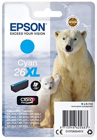 Epson Original 26XL Tinte Eisbär (XP-600, XP-700, XP-800, XP-510, XP-710, XP-615, XP-610, XP-810, XP-720, XP-820, XP-520, XP-620, XP-625), cyan