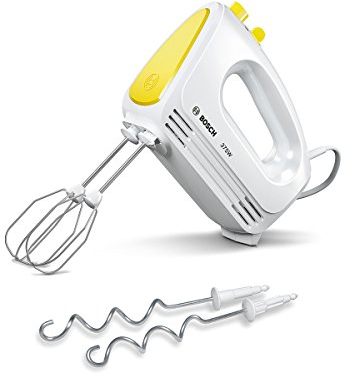 Bosch MFQ2210P Mixeur batteur avec technique moteur moderne, 2 fouets, 2 crochets pétrisseurs en acier inoxydable et 4 vitesses 375 W weiß - intensive yellow