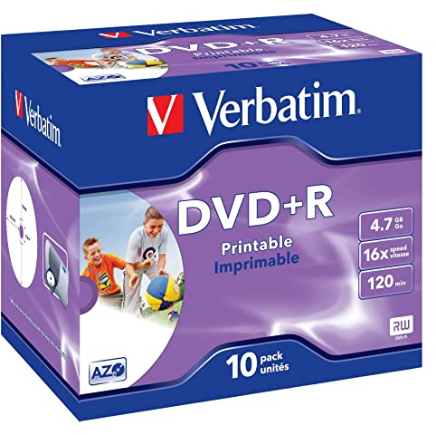 Verbatim DVD+R Wide Inkjet Printable 4.7GB, 10er Jewel Case, DVD Rohlinge bedruckbar, 16-fache Brenngeschwindigkeit & Hardcoat Scratch Guard, DVD-R printable, DVD leer, Rohlinge DVD