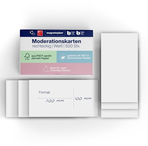 magnetoplan Moderationskarten, rechteckig | Weiß | 500 Stk. | Kommunikationskarten | BxH 200x100 mm | Für Meetings und Präsentationen | FSC-zertifiziert