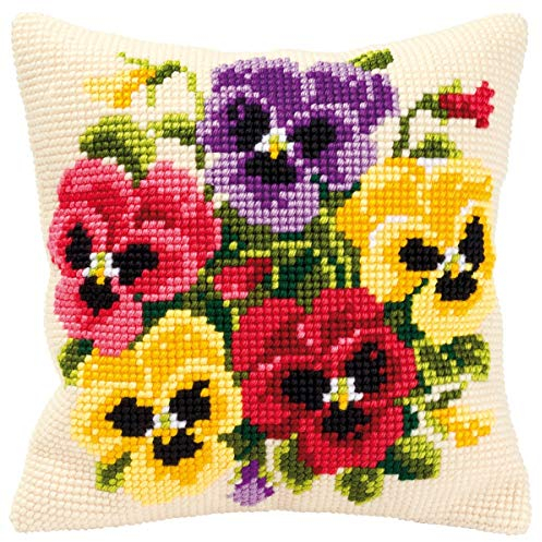 VERVACO Kreuzstich Stickpackungen Kissen Stickerei Set Anfänger Vorgedruckt Stiefmütterchen DIY Set Kreativ Set Für Erwachsene Dekoratives Kissen ca. 40 x 40 cm Bastelset Handwerker Haus Dekoration