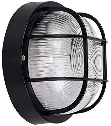 MiniSun | Modern Black Security Round Bulkhead Wall Light | Security Lighting, Home Décor & Improvement Essential | Includes 4W LED Bulb | Mains Wired