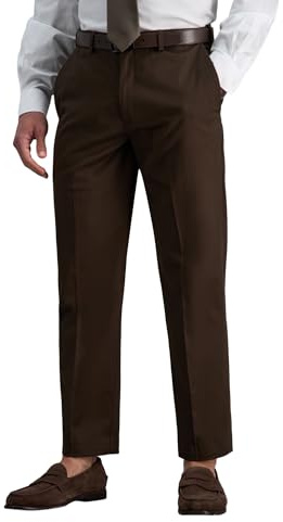 Haggar mens Premium No Iron Khaki Classic Fit Expandable Waist Flat Front Casual Pants, Chocolate, 38W x 29L US