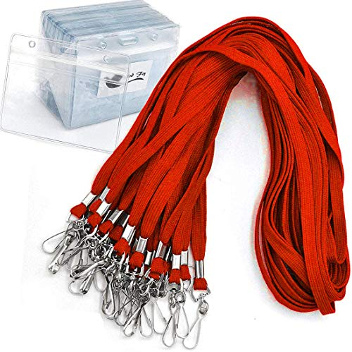 Bird Fiy Schlüsselband / Ausweisband (Set mit 50 Stück, Rot),rund gewebtes Band mit horizontaler, verschließbarer, wasserdichter Hülle aus Kunststoff für Ausweiskarten und Namensschilder