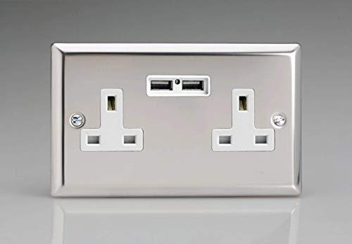Varilight 2-Gang 13A Unswitched Socket + 2x5V DC 2100mA USB Charging Ports Mirror Chrome