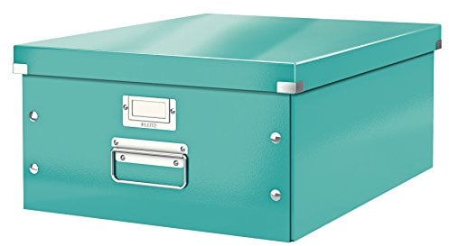 Leitz Click & Store Aufbewahrungsbox mit Deckel Groß, Box für Unterlagen bis A3 im Büro oder Haushalt, Transportbox aus 85 % recycelter Premium-Hartpappe, Stabile Metallgriffe, Eisblau, 60450051