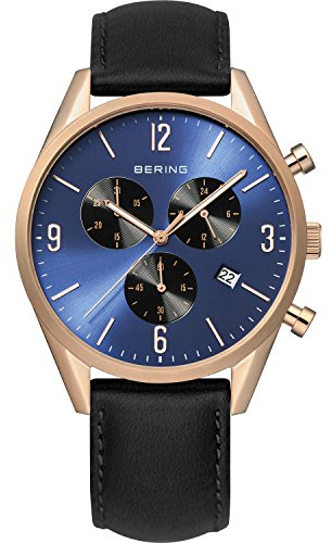 BERING 10542-567 Montre À Quartz Pour Homme, 42 mm, Boîtier En Acier Inoxydable Or Rose Et Cadran Bleu, Bracelet En Cuir De Veau, Verre Saphir, 5 ATM
