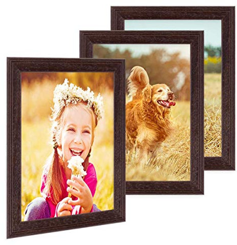 PHOTOLINI Bilderrahmen 13x18 cm Holz Nuss Landhaus-Stil, 3er Set Holz-Rahmen, Made in Germany, Echtglas, zum Aufhängen & Aufstellen, mit Zubehör - perfekt für Familienfotos & Urlaubsbilder