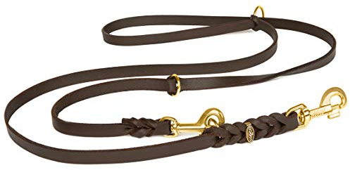 Hundeleine Leder 2,40m mittelgroße Hunde Fettlederleine [3-Fach Verstellbar] Lederleine geflochten – robuste Leine Hund mit Messingbeschlägen – Führleine Hund & Freihandleine – Dog Leash Braun 12mm