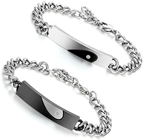 Flongo Partnerarmbänder, 2 Stück Edelstahl BFF Armband Armreif Freundschaft CZ Zirkon Zirkonia Silber Schwarz Panzerkette Kette Herz Valentine Lieben Paar Paare Verlobung His & Hers Set Herren,Damen