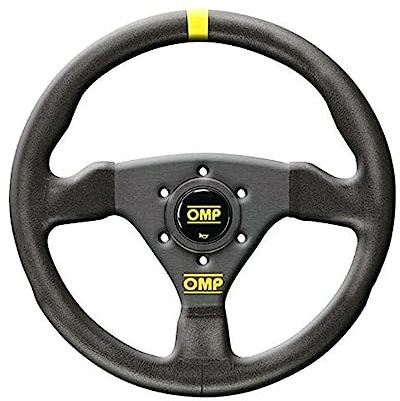 OMP Steering Wheel, Trecento, 11-3/4 in Diameter, 3 Spoke, Flat, Black Leather Grip, Yellow Stripe, Aluminum, Black Anodized, Each