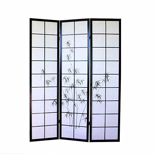 PEGANE Paravent Japonais en Bois Noir avec Dessin Bambou de 3 pans