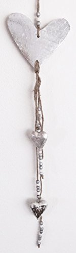 Natur-deko Holz Herz HÄNGER mit 1 x 13 cm Herz und 2 x 5 cm Herzen. Länge ca 65 cm. In Silber -49