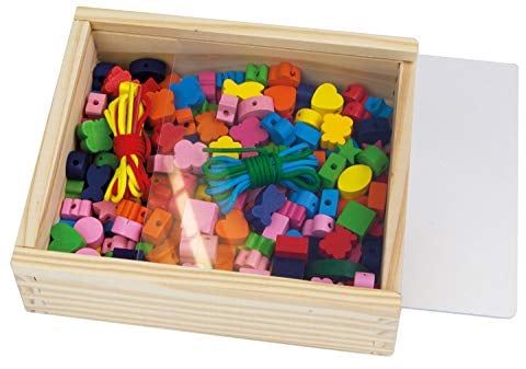 Lena 32020 - Bastelset Holzfädelperlen 164 Teile, 160 Fädelperlen aus Holz und 4 Schnüre in wiederverschließbarer Holzkassette, Holzperlen Set für Kinder ab 4 Jahre, Perlen Set für Schmuckketten, Mittel