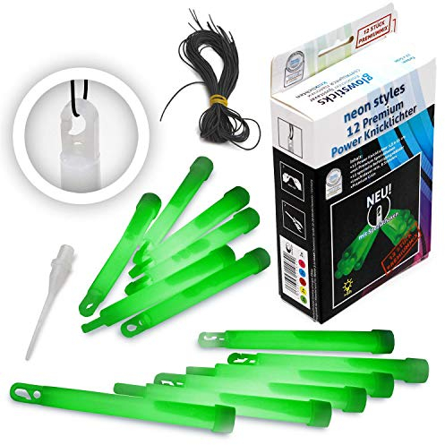 KNIXS 12er Set Premium Power-Knicklichter in grün leuchtend inkl. Spezialhaken und Befestigungsband für Party, Festival, Outdoor oder als Dekoration