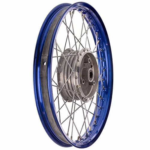 Speichenrad 1,60x16 Zoll Alufelge, blau eloxiert und poliert + Chromspeichen (Radnabe: Graugussbremsring, abgedrehte Flanken)