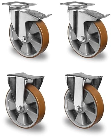 der ROLLENDE SHOP - Schwerlast Rollen Set 2 Lenkrollen mit Bremse und 2 Bockrollen Durchmesser 125 mm Polyurethan Lauffläche - 500 kg Traglast pro Rolle - Serie BAU5 Doppelkugellager