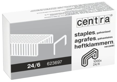 Centra, Agrafes 24/6mm, Galvanisées, Boite de 1000 agrafes, compatibles toutes agrafeuses 24/6, 623697