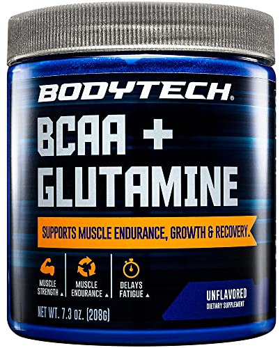 BodyTech BCAA + Glutamine Powder with Vitamin C, L Glutamine & More, Essential Pre Workout or Post Workout Amino Acids for Men & Women, Unflavored, 7.3 Oz, 30 Servings