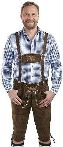Schöneberger Trachten Collare al Ginocchio Lederhosen Uomo - Pantaloni in Pelle Trachten Hop e Marrone Malto - Hopfen & Malz (52, Marrone Medio)