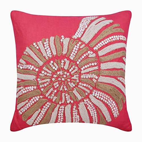 The HomeCentric Coral Pink 40x40 cm Lino Di Cotone Cuscini di tiro per divano, Conchiglie, Iuta Rosa Cotone Cuscino Divano, Stile Spiaggia Creature Marine Federa - Coral Sea Shells