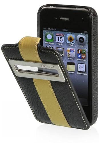 STILGUT Leder-Hülle kompatibel mit iPhone 4/iPhone 4s vertikales Flip-Case mit Sichtfenster, Schwarz/Gelb