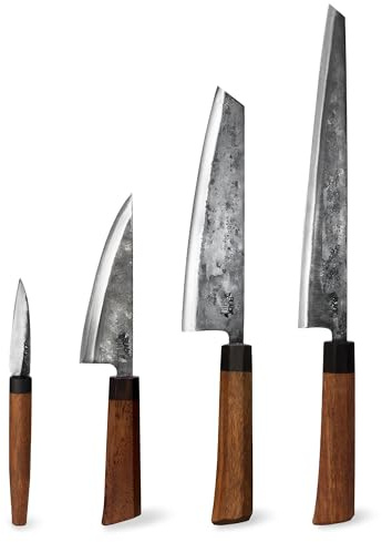 Black Chili SET Küchenmesser Set (4-teilig) | Obstmesser, Gemüsemesser, Chefmesser & Filetiermesser mit Eisenholz Griff | 7, 13, 19 & 25 cm Carbonstahl Klinge