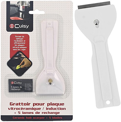 Promobo - Grattoir Pour Plaque Vitrocéramique Spécial Induction Avec 5 Lames de Rechange Blanc