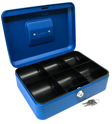 Cathedral Products Key Lockable Cash Box with Lift Out 6 Compartment Coin Tray - 10 Inch - Blue